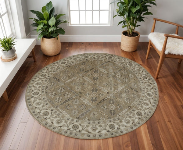 HomeRoots 5' Handmade Wool Area Rug with Elegant Paisley Design in Green, Brown, and Taupe - Stain Resistant! 10' Round 511286