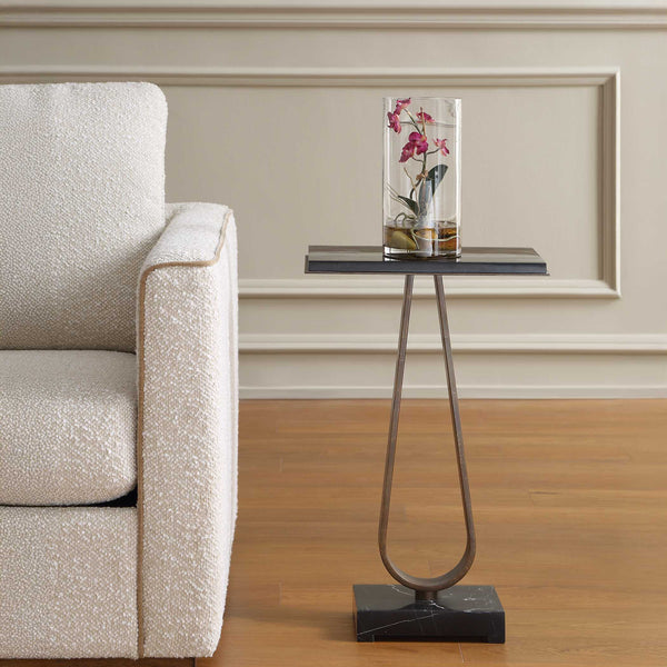 Uttermost Galloway Black Marble and Bronze Iron Sculptural Side Table for Modern Rooms