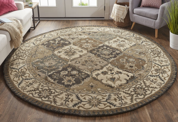 HomeRoots 10' Hand-Tufted Wool Area Rug with Floral Motif, Gray, Ivory & Blue - Elegant, Durable & Soft 8' Round 511293