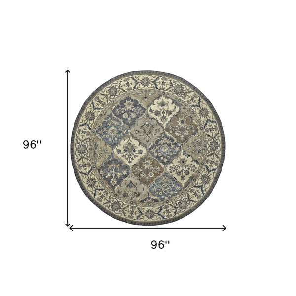 HomeRoots 10' Hand-Tufted Wool Area Rug with Floral Motif, Gray, Ivory & Blue - Elegant, Durable & Soft 8' Round 511293
