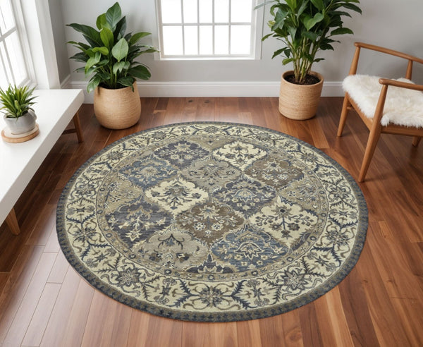 HomeRoots 10' Hand-Tufted Wool Area Rug with Floral Motif, Gray, Ivory & Blue - Elegant, Durable & Soft 8' Round 511293