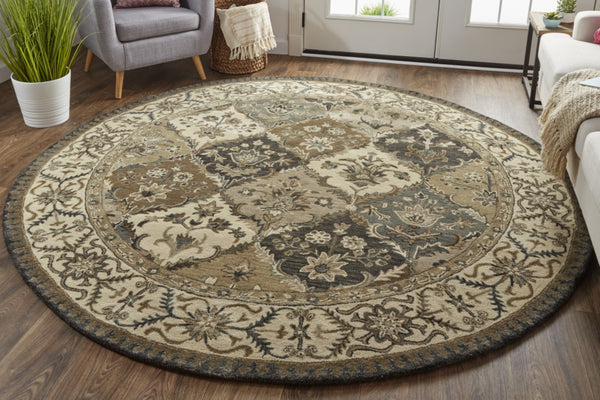 HomeRoots 10' Hand-Tufted Wool Area Rug with Floral Motif, Gray, Ivory & Blue - Elegant, Durable & Soft 10' Round 511294