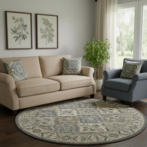 HomeRoots 10' Hand-Tufted Wool Area Rug with Floral Motif, Gray, Ivory & Blue - Elegant, Durable & Soft 10' Round 511294