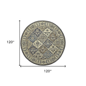 HomeRoots 10' Hand-Tufted Wool Area Rug with Floral Motif, Gray, Ivory & Blue - Elegant, Durable & Soft 10' Round 511294