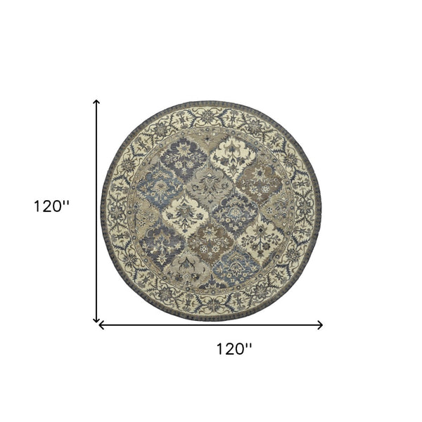 HomeRoots 10' Hand-Tufted Wool Area Rug with Floral Motif, Gray, Ivory & Blue - Elegant, Durable & Soft 10' Round 511294