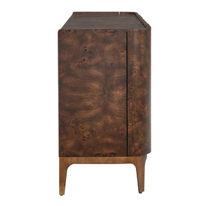 Uttermost Melbourne Mappa Burl Veneer Four Door Credenza with Brass Iron Legs