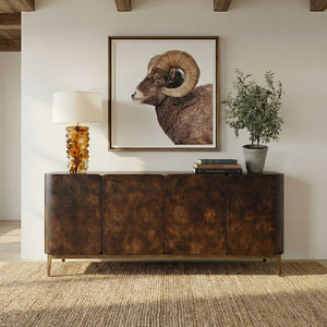 Uttermost Melbourne Mappa Burl Veneer Four Door Credenza with Brass Iron Legs