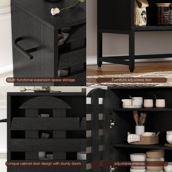 English Elm Buffet Black Woven Arched Door Sideboard with Adjustable Shelves, Metal Legs, Drawer, Entryway-Friendly W2977P338264