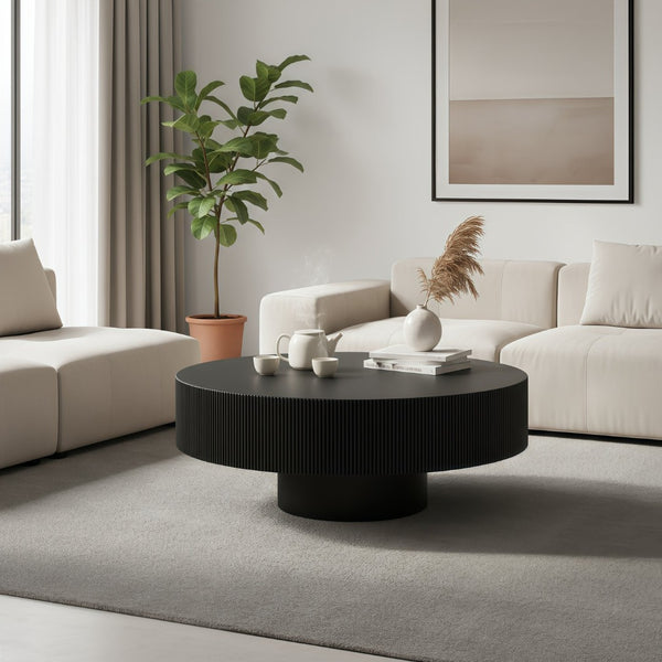 English Elm Round Fluted Pedestal Coffee Table Mid Century Mdf Base for Compact Living Spaces W3204P390987