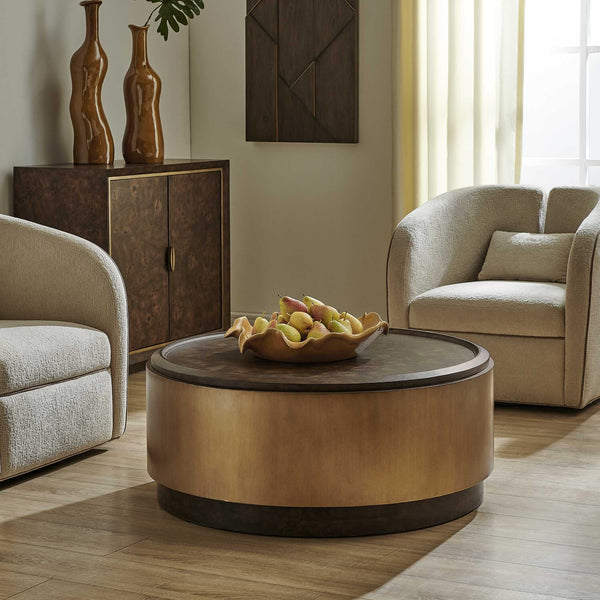 Uttermost Parrish Mappa Burl Veneer Round Coffee Table with Antique Brass Finish