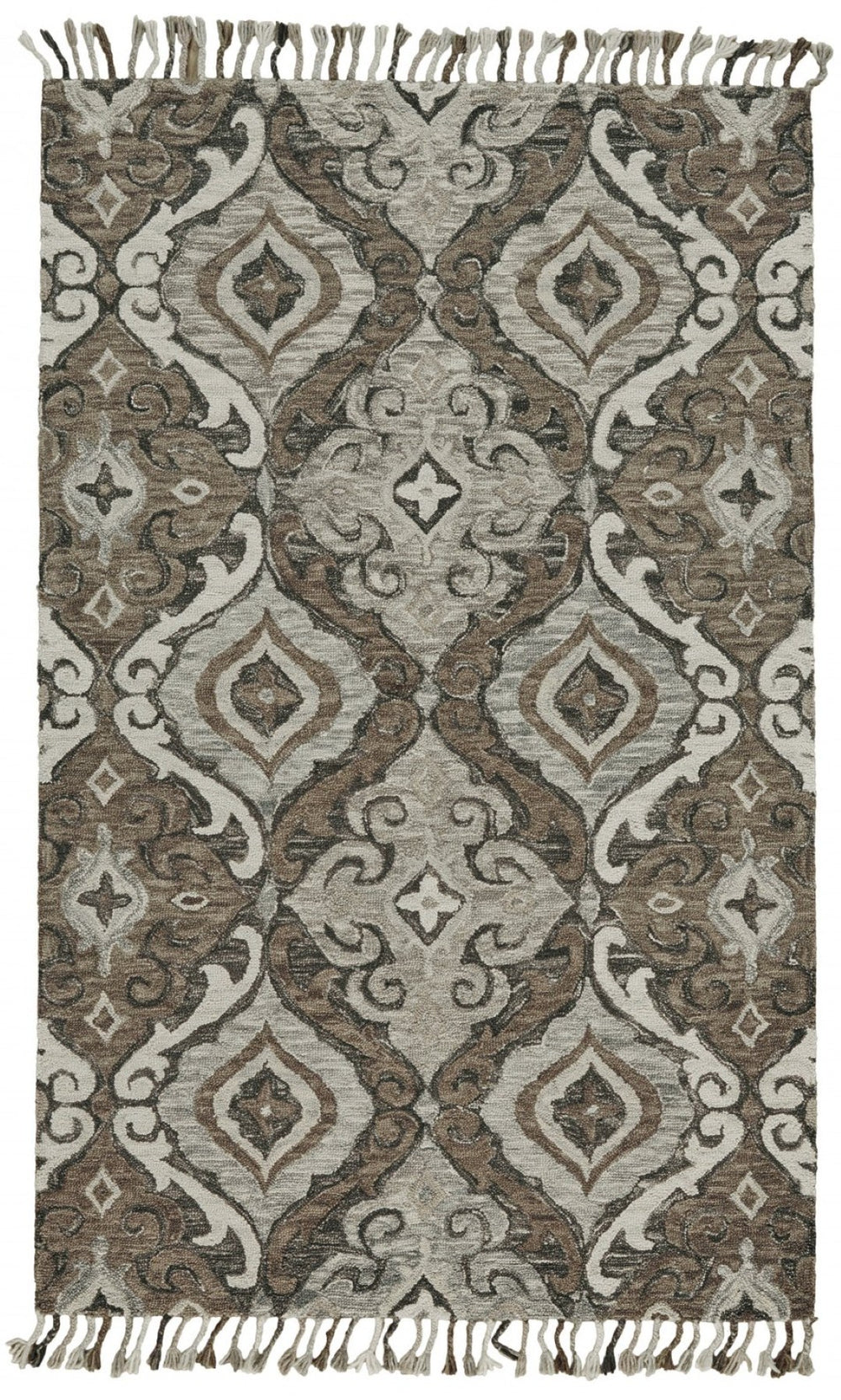 HomeRoots 5' Handmade Wool Floral Tufted Area Rug with Fringe – Elegant Gray Taupe and Ivory Design for Home 5' X 8' 511316