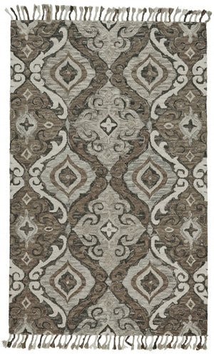 HomeRoots 5' Handmade Wool Floral Tufted Area Rug with Fringe – Elegant Gray Taupe and Ivory Design for Home 5' X 8' 511316