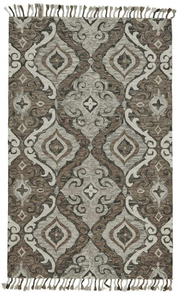 HomeRoots 5' Handmade Wool Floral Tufted Area Rug with Fringe – Elegant Gray Taupe and Ivory Design for Home 5' X 8' 511316