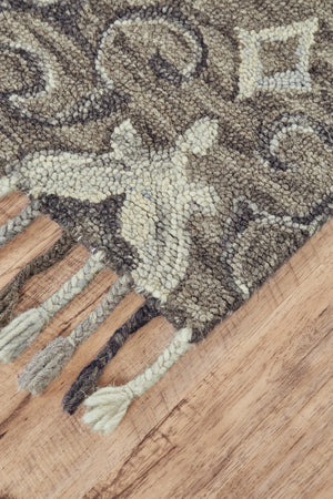 HomeRoots 5' Handmade Wool Floral Tufted Area Rug with Fringe – Elegant Gray Taupe and Ivory Design for Home 5' X 8' 511316