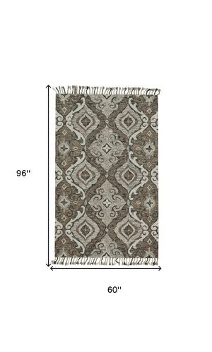 HomeRoots 5' Handmade Wool Floral Tufted Area Rug with Fringe – Elegant Gray Taupe and Ivory Design for Home 5' X 8' 511316