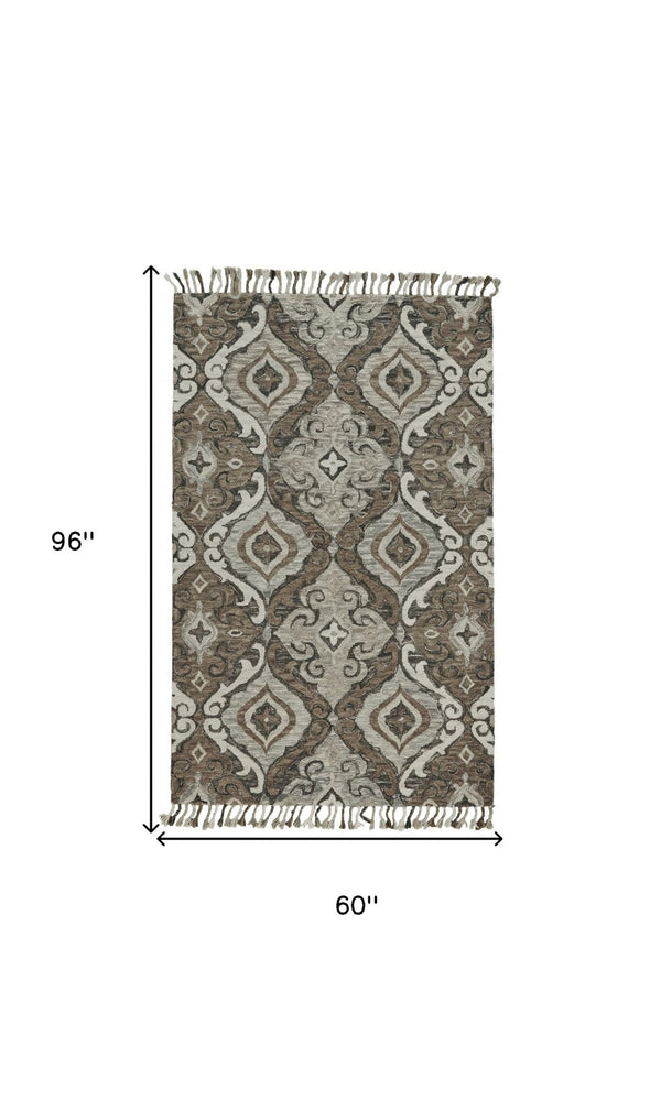 HomeRoots 5' Handmade Wool Floral Tufted Area Rug with Fringe – Elegant Gray Taupe and Ivory Design for Home 5' X 8' 511316