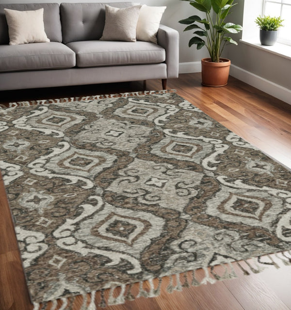 HomeRoots 5' Handmade Wool Floral Tufted Area Rug with Fringe – Elegant Gray Taupe and Ivory Design for Home 5' X 8' 511316