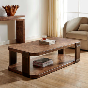 Uttermost Mappa Burl Veneer Two Tier Coffee Table with Dark Bronze Metal Base