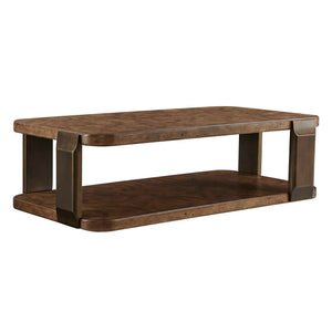 Uttermost Mappa Burl Veneer Two Tier Coffee Table with Dark Bronze Metal Base