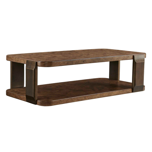 Uttermost Mappa Burl Veneer Two Tier Coffee Table with Dark Bronze Metal Base