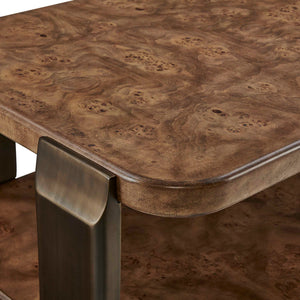 Uttermost Mappa Burl Veneer Two Tier Coffee Table with Dark Bronze Metal Base