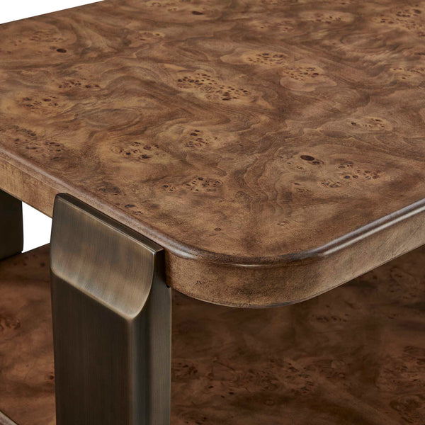 Uttermost Mappa Burl Veneer Two Tier Coffee Table with Dark Bronze Metal Base
