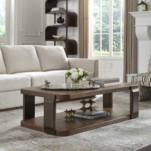 Uttermost Mappa Burl Veneer Two Tier Coffee Table with Dark Bronze Metal Base