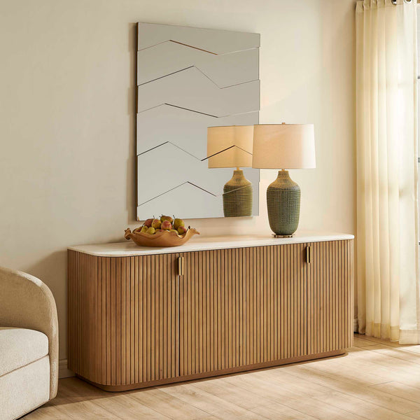 Uttermost Arik Reeded Alder Wood Sideboard with Marble Top and Brass Pulls