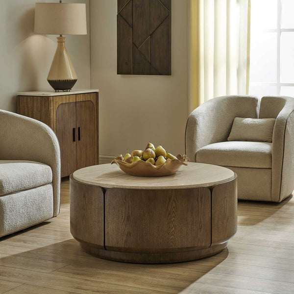 Uttermost Tindall Genuine Travertine Round Coffee Table with Oak Veneer Base