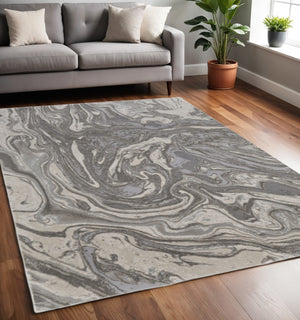 HomeRoots 5' Gray Ivory and Silver Abstract Area Rug - Modern Design, Stain-Resistant, Soft, Durable Elegance 5' X 8' 511383