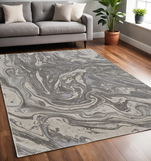 HomeRoots 5' Gray Ivory and Silver Abstract Area Rug - Modern Design, Stain-Resistant, Soft, Durable Elegance 5' X 8' 511383