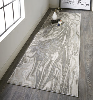 HomeRoots 5' Gray Ivory and Silver Abstract Area Rug - Modern Design, Stain-Resistant, Soft, Durable Elegance 8' Runner 511386