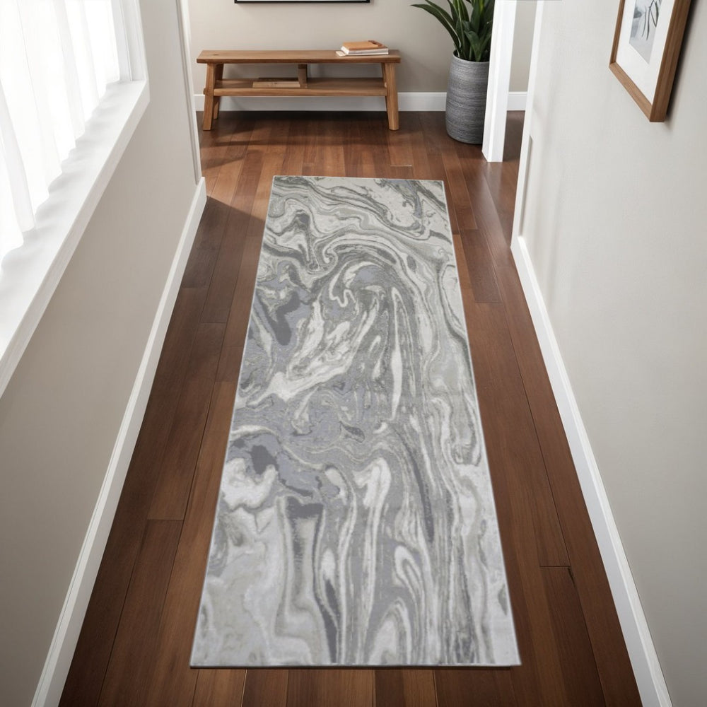 HomeRoots 5' Gray Ivory and Silver Abstract Area Rug - Modern Design, Stain-Resistant, Soft, Durable Elegance 8' Runner 511386