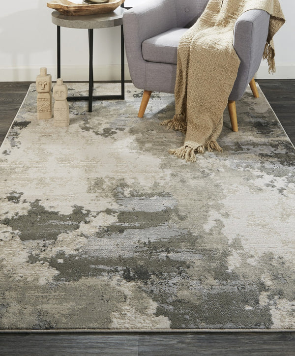 HomeRoots 5' Ivory and Gray Abstract Area Rug - Stain-Resistant, Durable, Modern Elegance for Any Room 8' X 11' 511388