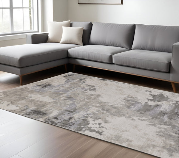 HomeRoots 5' Ivory and Gray Abstract Area Rug - Stain-Resistant, Durable, Modern Elegance for Any Room 10' X 13' 511389