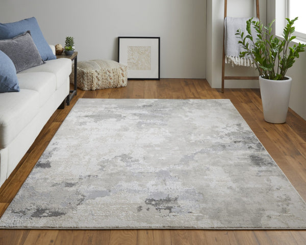 HomeRoots 5' Ivory and Gray Abstract Area Rug - Stain-Resistant, Durable, Modern Elegance for Any Room 10' X 13' 511389