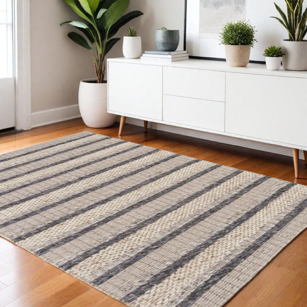 HomeRoots 4' Hand Woven Wool Area Rug in Gray and Ivory Stripes - Stylish, Durable, and Stain Resistant Design 4' X 6' 511396