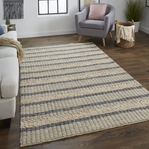 HomeRoots 4' Hand Woven Wool Area Rug in Gray and Ivory Stripes - Stylish, Durable, and Stain Resistant Design 5' X 8' 511397