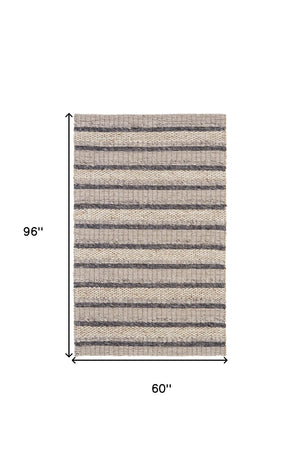HomeRoots 4' Hand Woven Wool Area Rug in Gray and Ivory Stripes - Stylish, Durable, and Stain Resistant Design 5' X 8' 511397