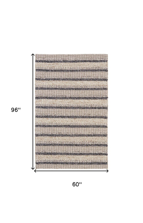 HomeRoots 4' Hand Woven Wool Area Rug in Gray and Ivory Stripes - Stylish, Durable, and Stain Resistant Design 5' X 8' 511397