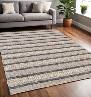 HomeRoots 4' Hand Woven Wool Area Rug in Gray and Ivory Stripes - Stylish, Durable, and Stain Resistant Design 5' X 8' 511397