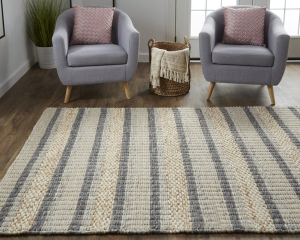 HomeRoots 4' Hand Woven Wool Area Rug in Gray and Ivory Stripes - Stylish, Durable, and Stain Resistant Design 10' X 13' 511399