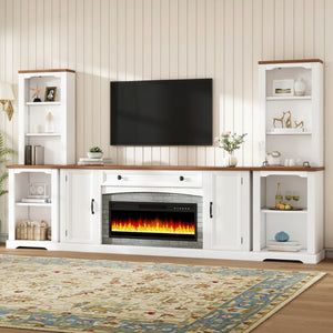 English Elm 3-piece Farmhouse Entertainment Center with Curved Cabinets Walnut Mdf Modular Living Room White N721S000072K