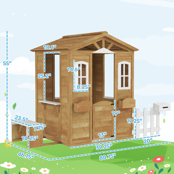 English Elm Wooden Fir Outdoor Kids Playhouse with Serving Station Mailbox and Backyard Fence T3971P439341