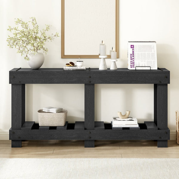 English Elm U_Style 62.9" Vintage Entryway Table - Solid Fir Wood With Rustic Design, 6 Legs & Ample Storage Space N711P289135B-GIGA