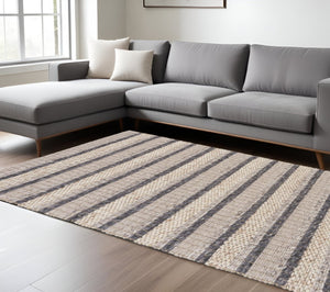 HomeRoots 4' Hand Woven Wool Area Rug in Gray and Ivory Stripes - Stylish, Durable, and Stain Resistant Design 12' X 15' 511400