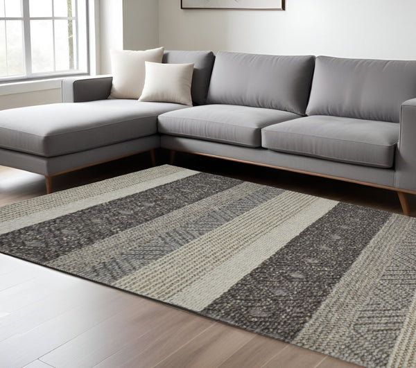 HomeRoots 10' Hand-Woven Wool Striped Area Rug in Gray, Black & Taupe – Durable, Stain-Resistant, Cozy Texture 10' X 13' 511413