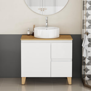 English Elm 31.5-inch Bathroom Vanity Solid Wood Top Ceramic Basin Soft Close Glossy White W3151S00069