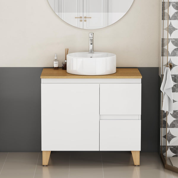 English Elm 31.5-inch Bathroom Vanity Solid Wood Top Ceramic Basin Soft Close Glossy White W3151S00069