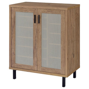 English Elm Stagg Oak Finish Shoe Cabinet with Cane Doors and Black Metal Legs for Entryway B062P451792